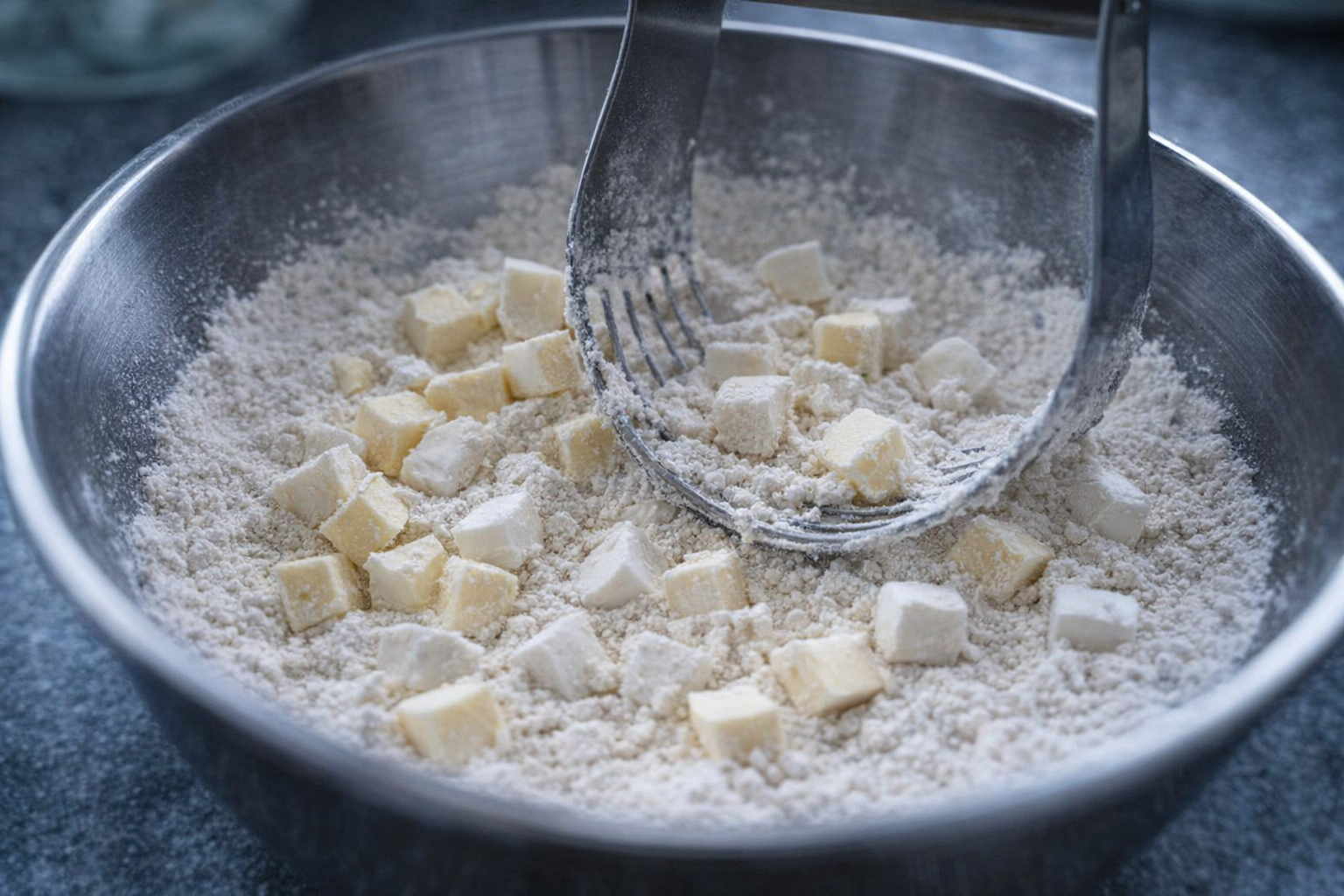 A close-up shot of cold, cubed butter and shortening being cut into flour with a pastry cutter in a stainless steel bowl, cold lighting